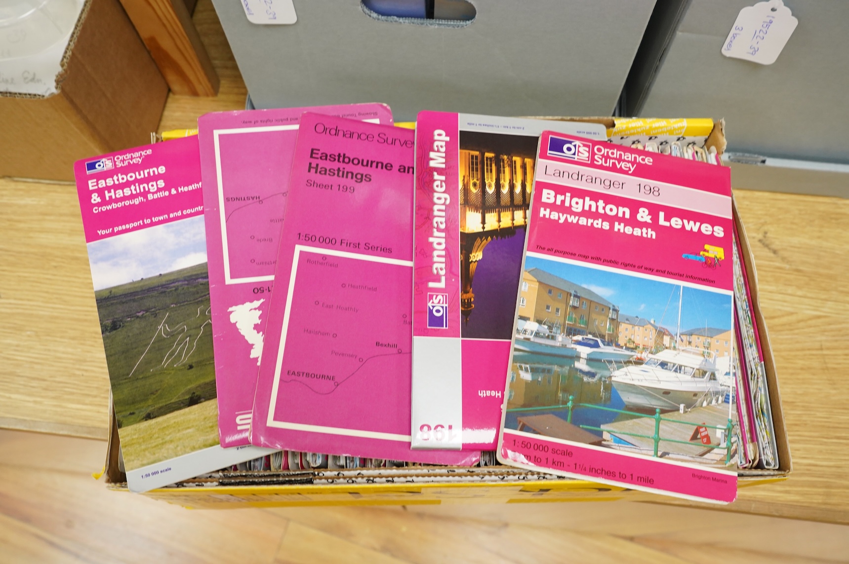 A collection of Ordnance Survey maps, including; Pathfinder 1:25,000 second series, 1:25,000 first series, and Landranger series 1:50,000, etc. (3 boxes)